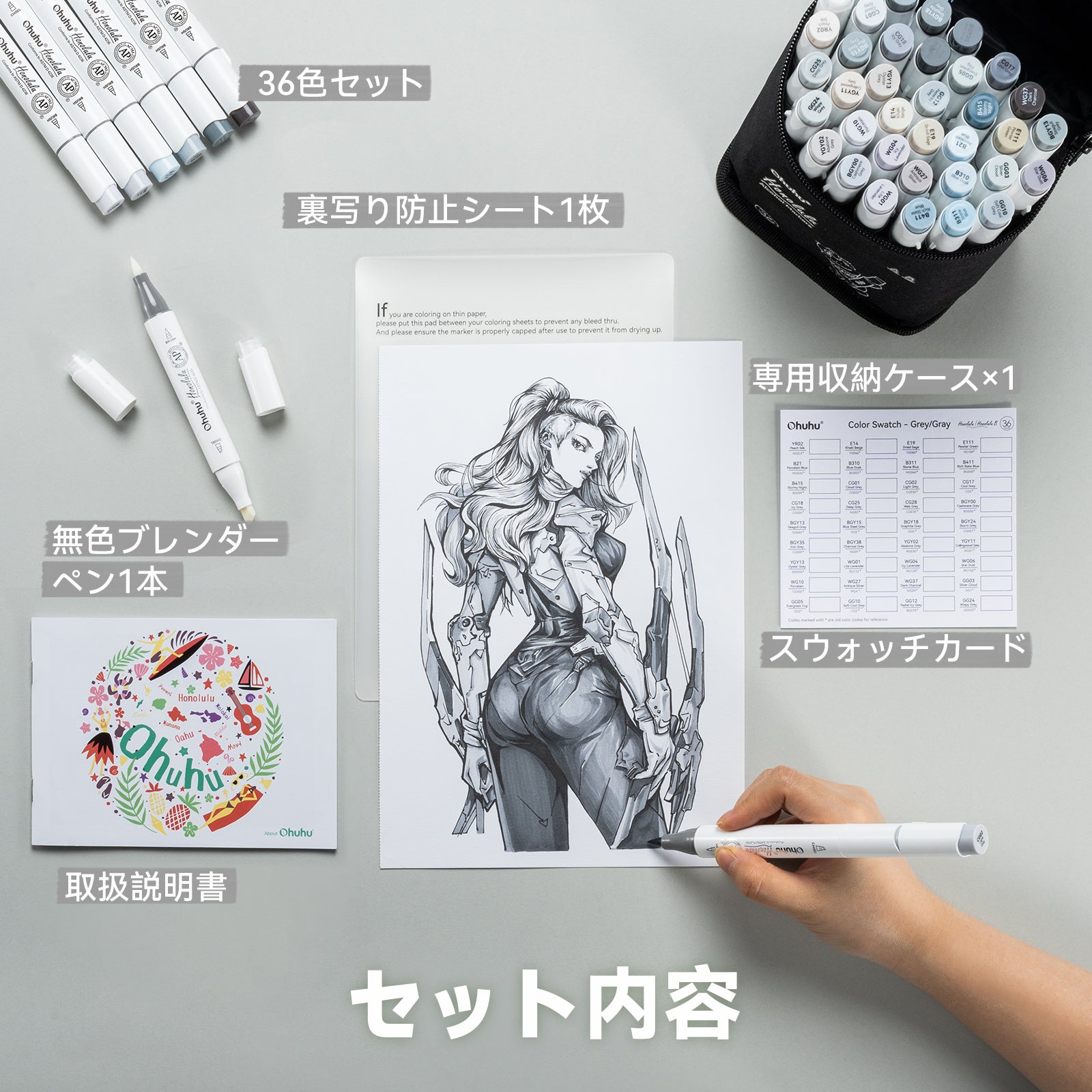 Ohuhu Honolulu イラストマーカー グレーカラー 36色 筆・太字 – Ohuhu