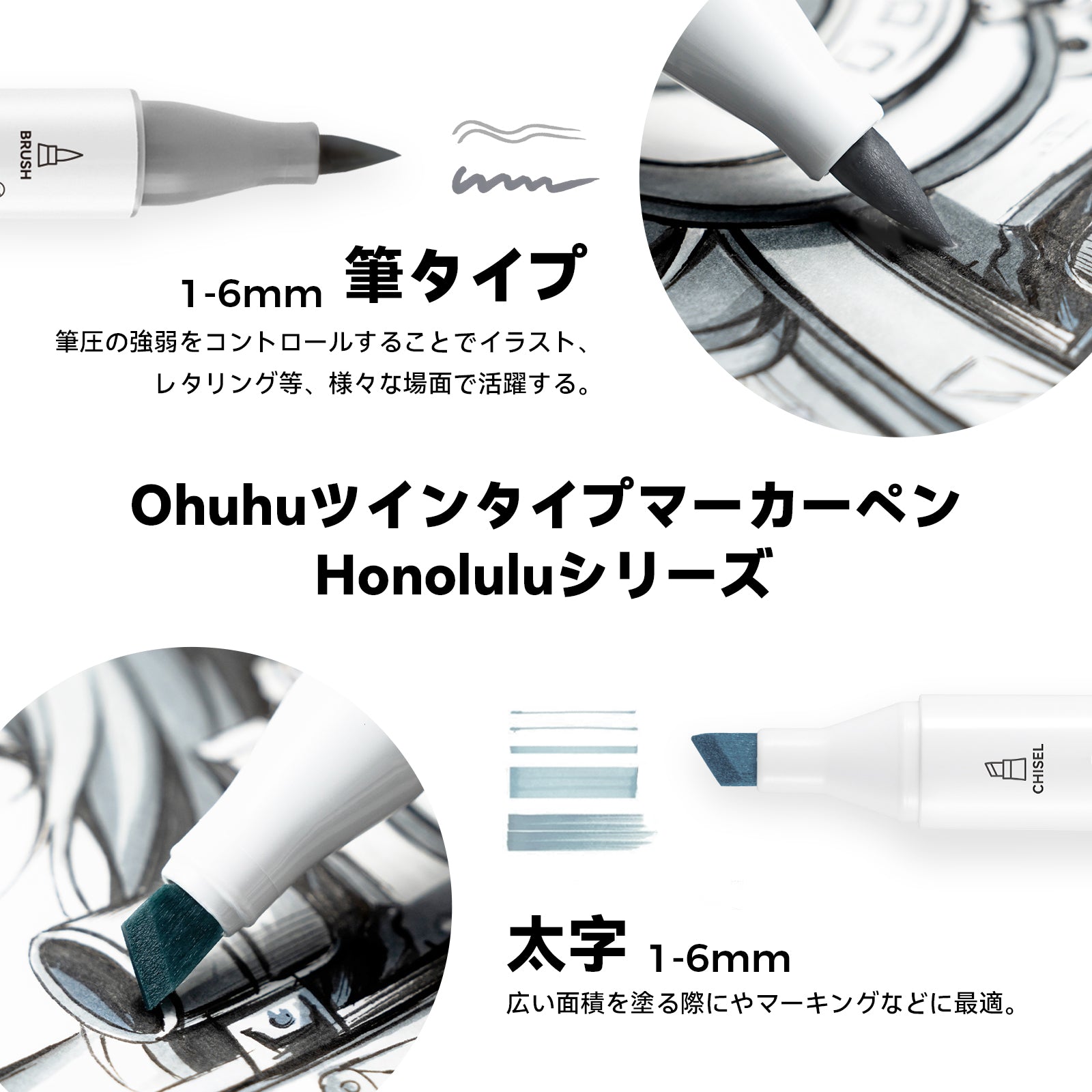 Ohuhu Honolulu イラストマーカー グレーカラー 36色  筆・太字