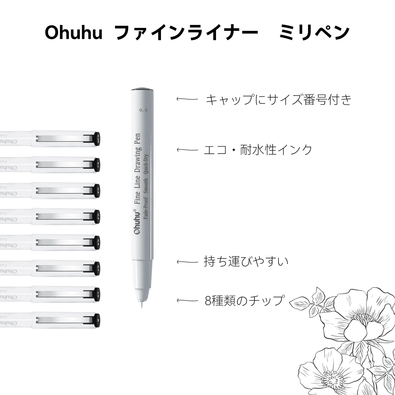 Ohuhu  ミリペン 黒 8本セット