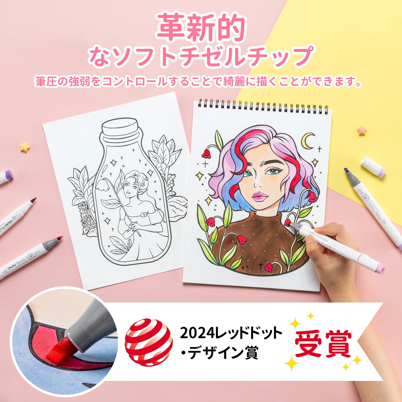 Ohuhu Honolulu S 60色 イラストマーカー 筆・ソフトチゼル